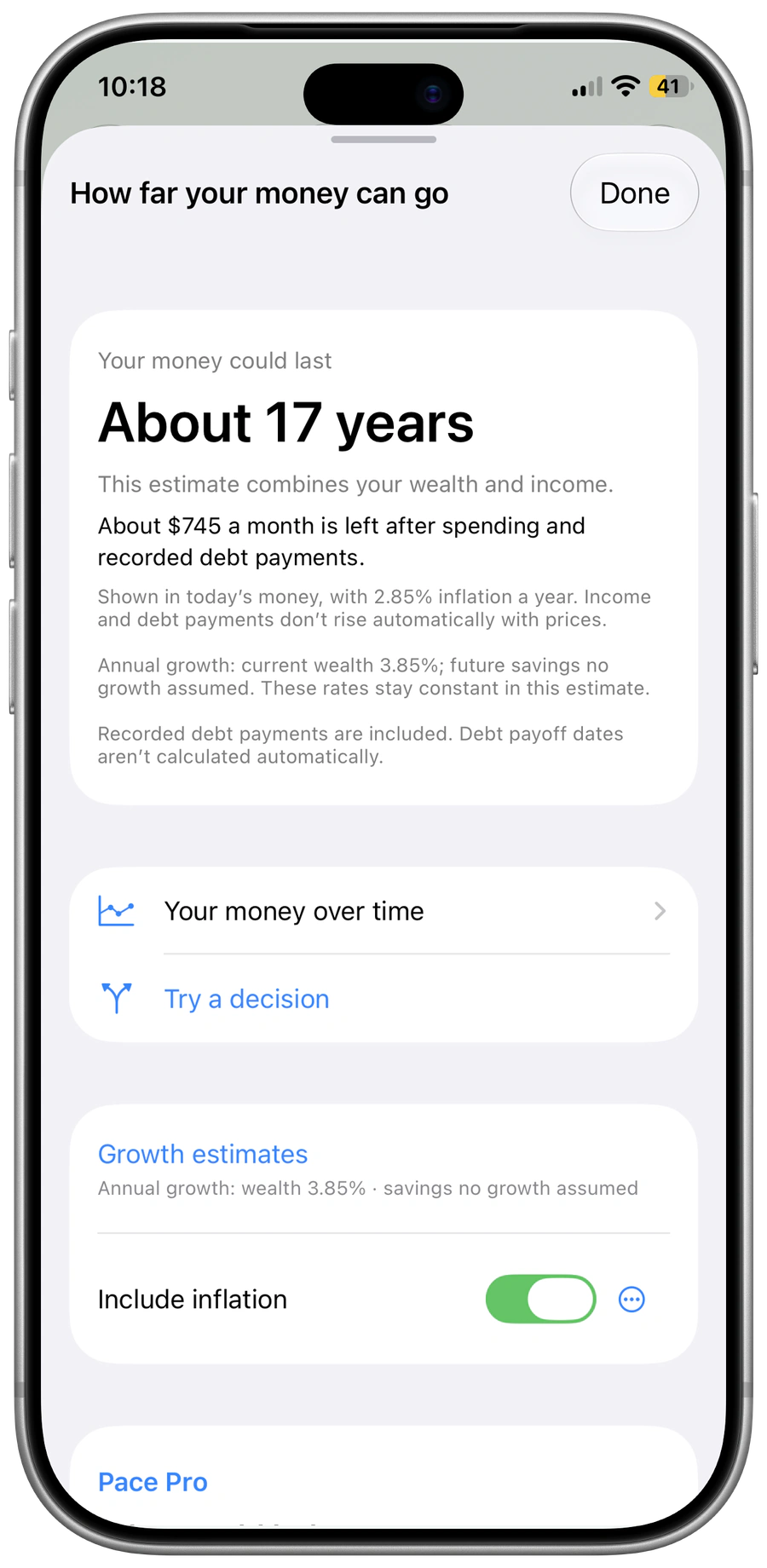 Pace for iPhone: The current result, assumptions and options to explore changes.