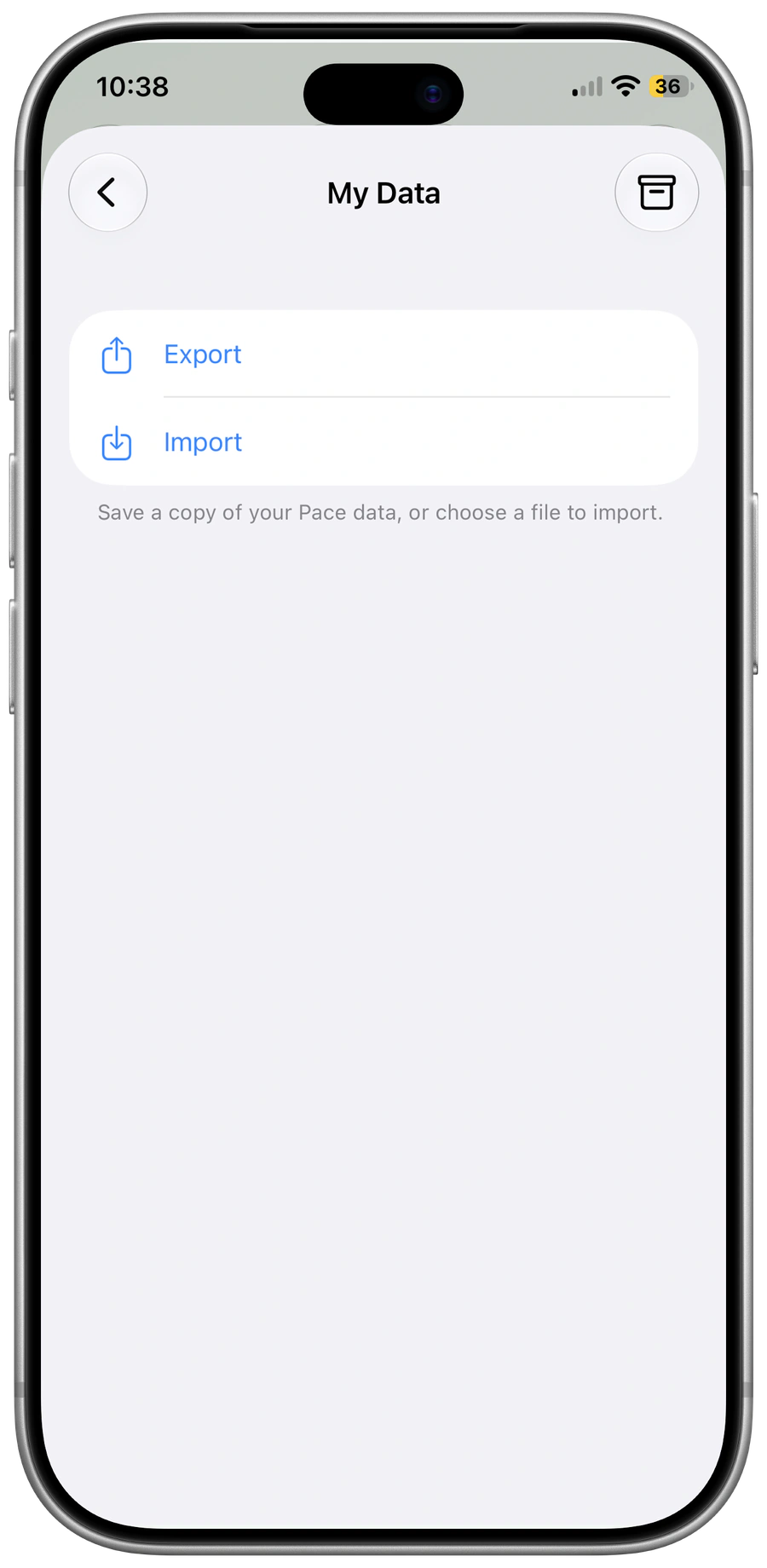 Pace for iPhone: Export and import controls for Pace backups.
