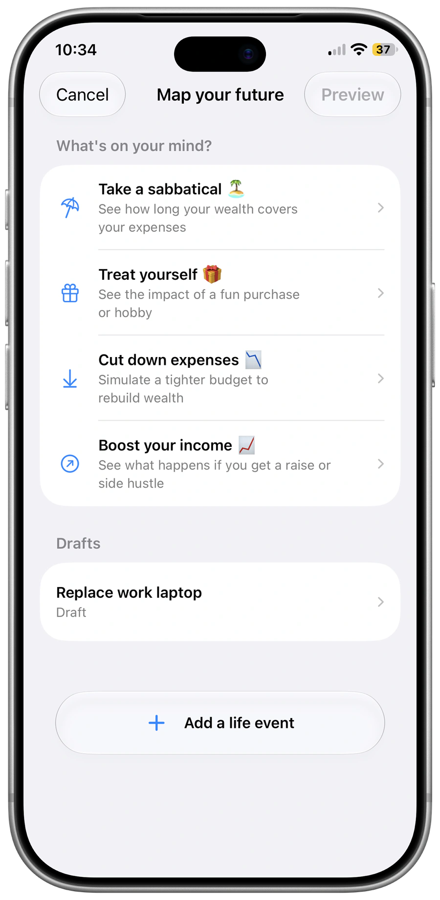Pace for iPhone: Choices to explore spending, income, purchases and time away from work.