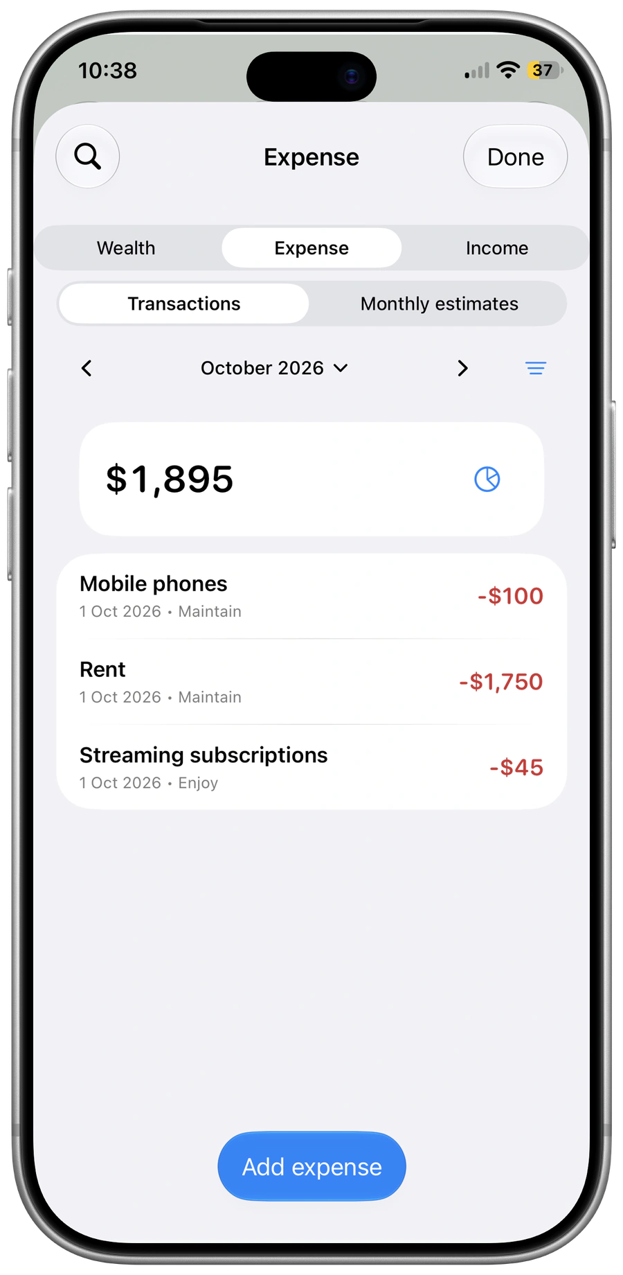 Pace for iPhone: Dated expense entries organized by purpose.