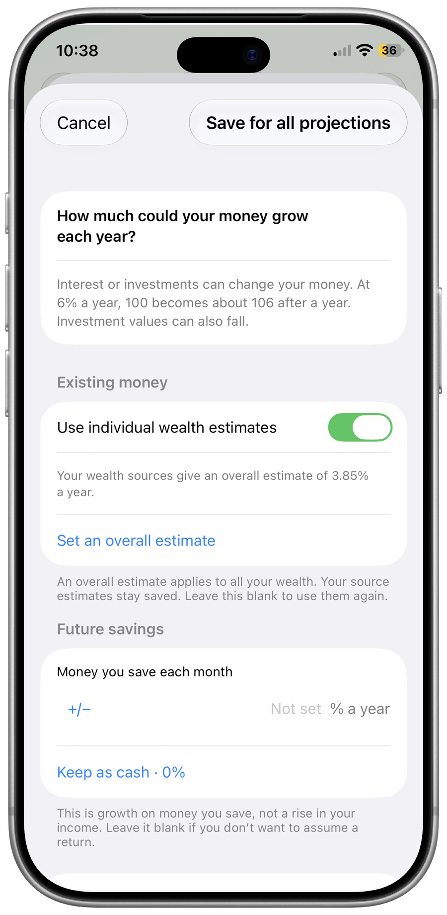 Pace for iPhone: Editable estimates for existing wealth and future savings.