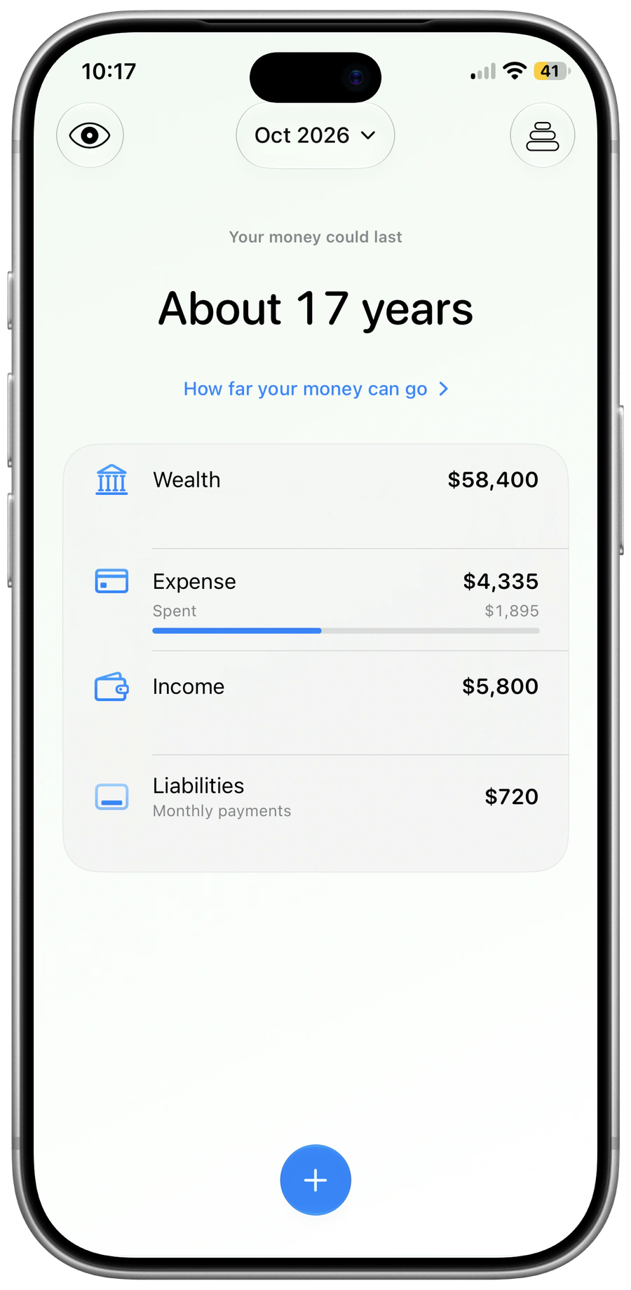 Pace for iPhone: Home shows wealth, monthly spending, income, debt payments and an estimated duration.