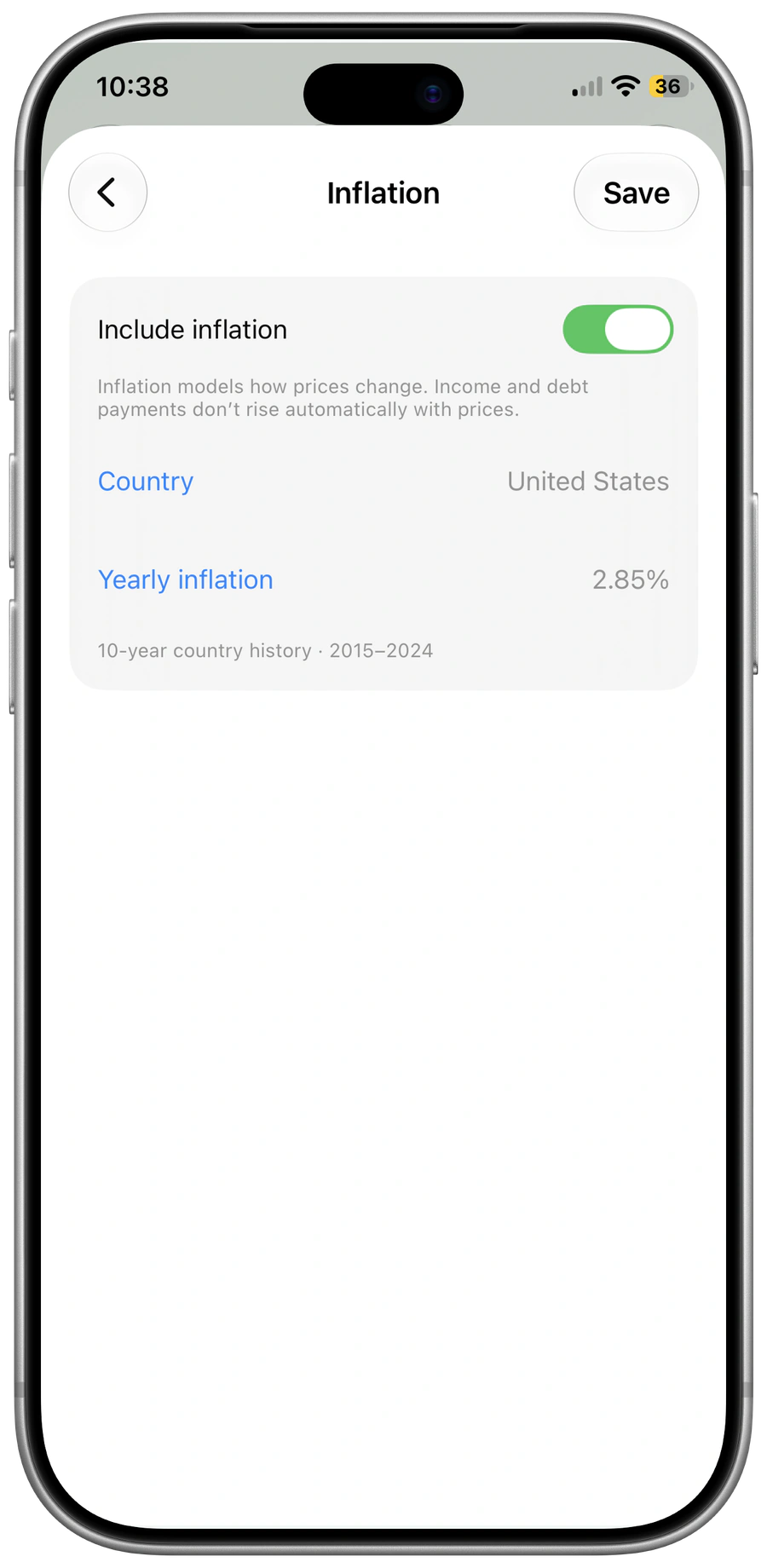 Pace for iPhone: Country inflation history and the editable yearly estimate.