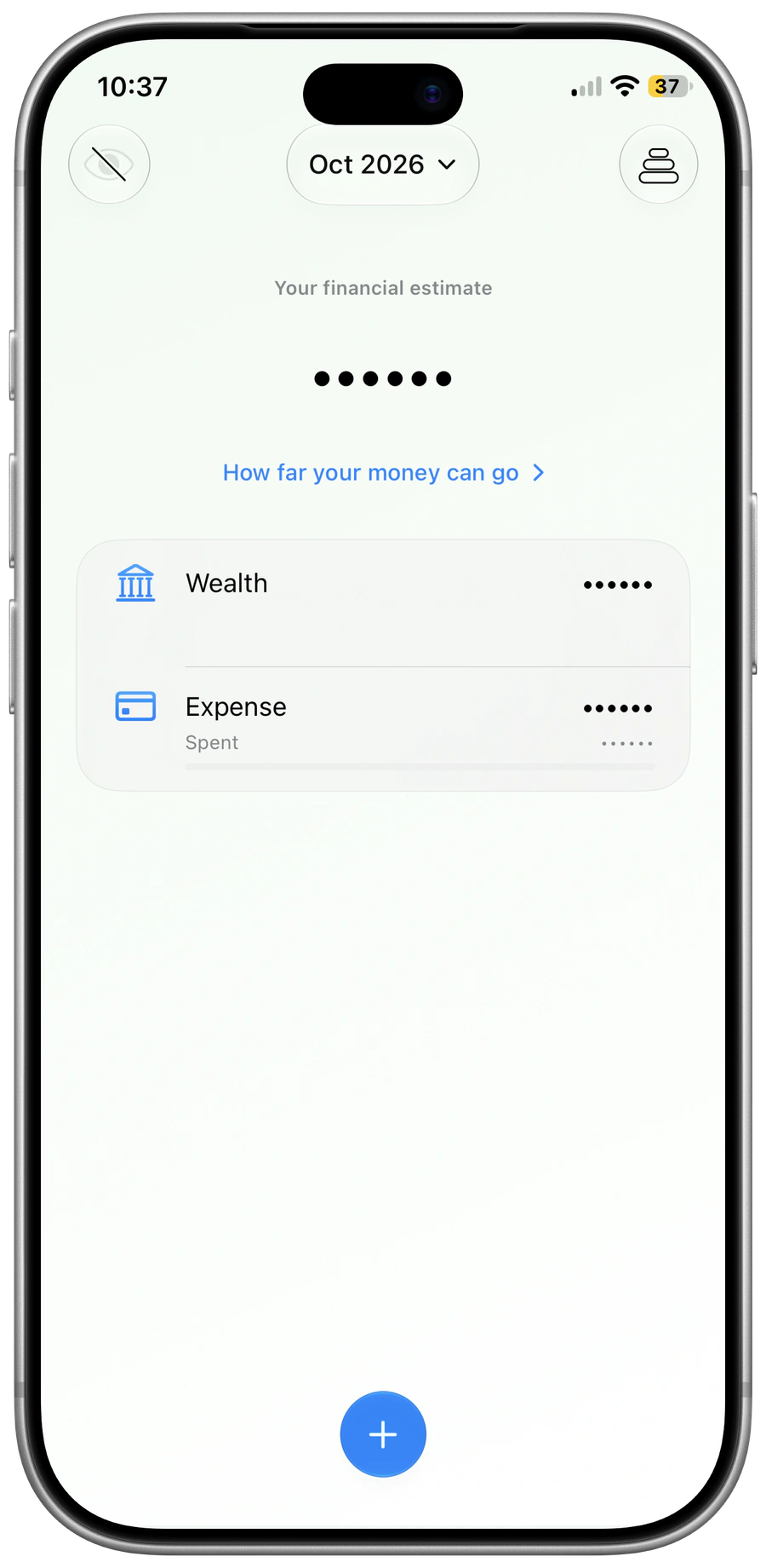 Pace for iPhone: The home screen with financial values hidden.