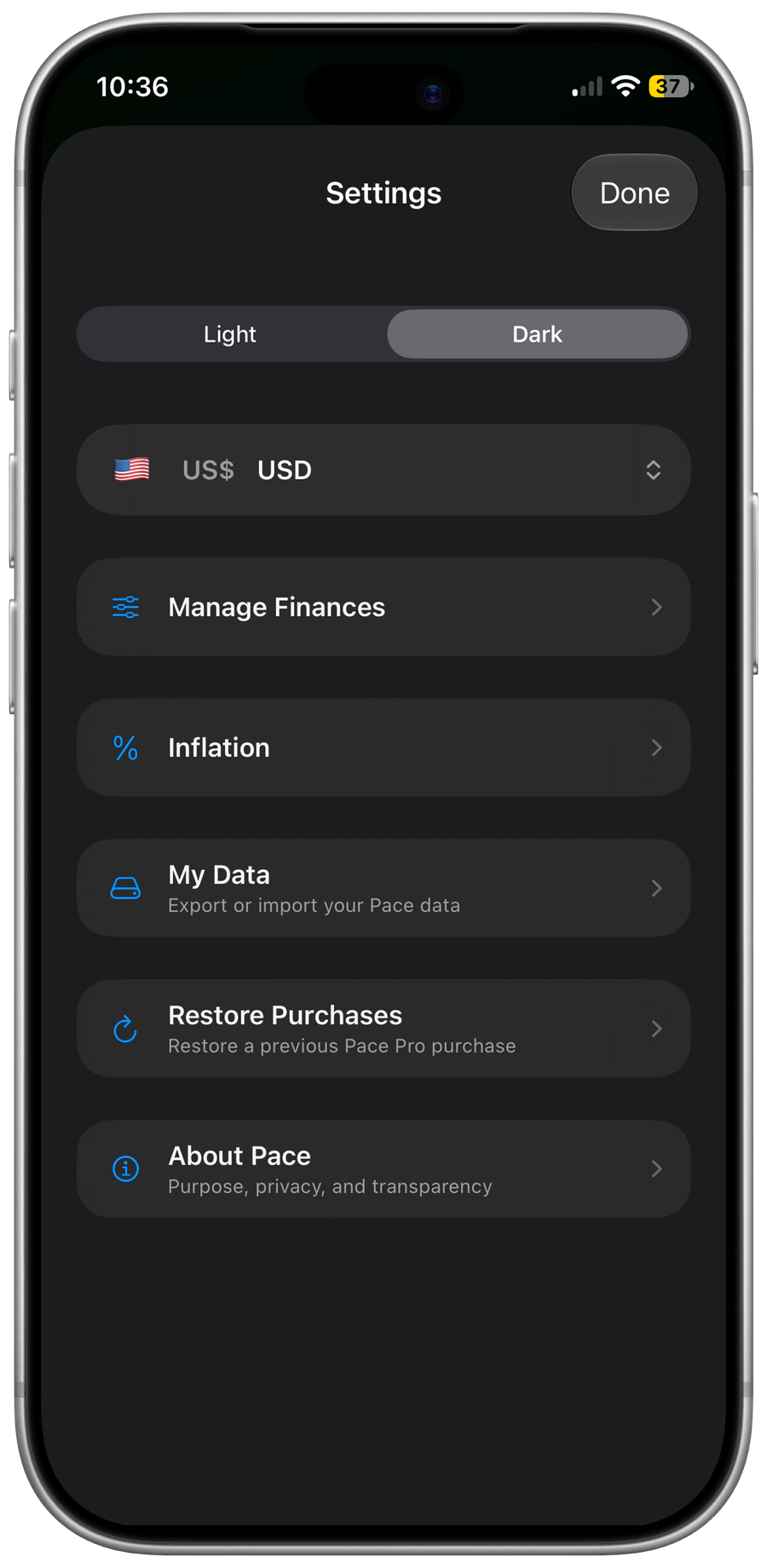 Pace for iPhone: Appearance, currency, finance management, inflation and data controls.
