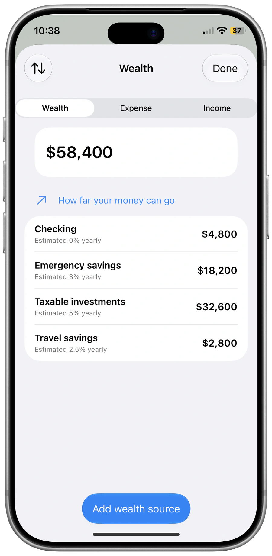 Pace for iPhone: Available wealth sources and their editable growth estimates.