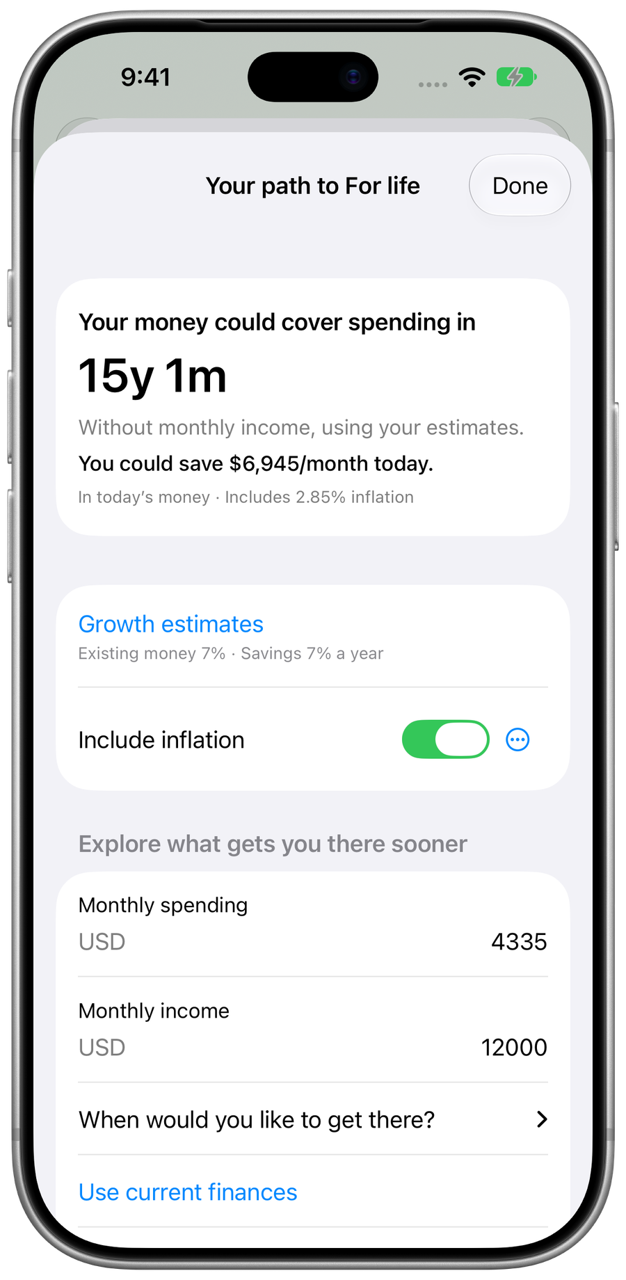 Pace's path exploration showing how a change in monthly income affects the estimated time to spending coverage.
