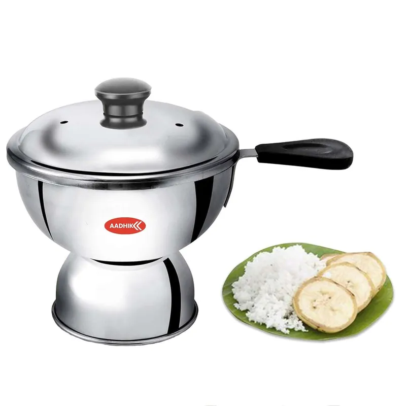 Stainless steel chiratta puttu maker that sits on a pressure cooker steam vent