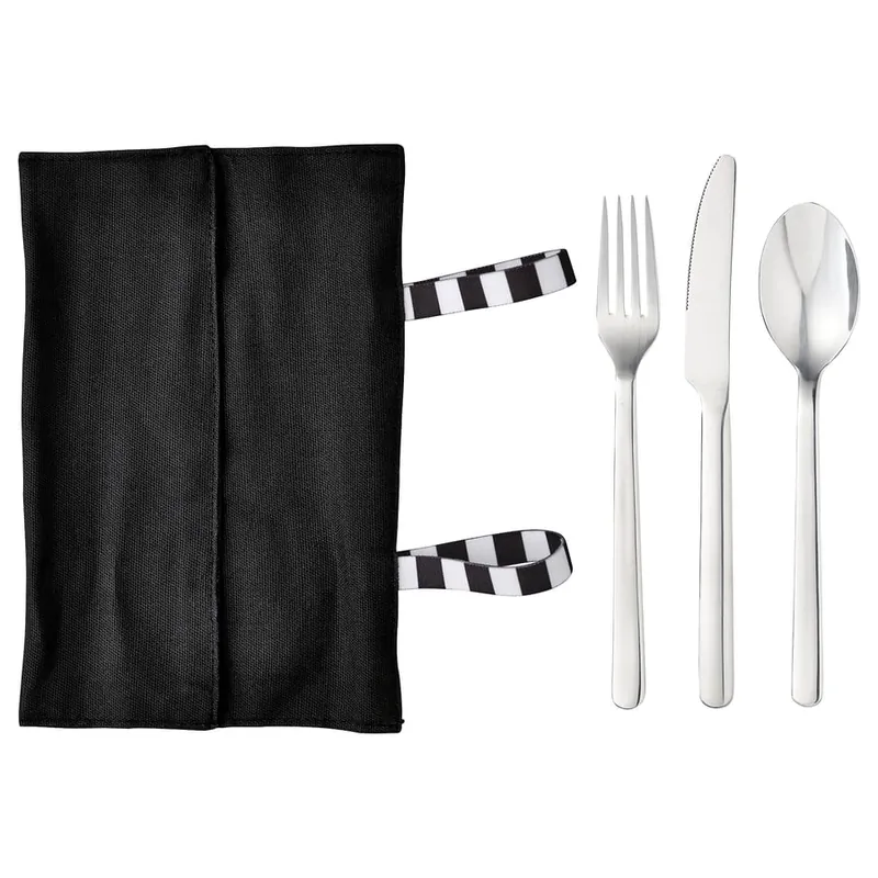 IKEA FINSKUREN stainless steel travel cutlery set with a black fabric case