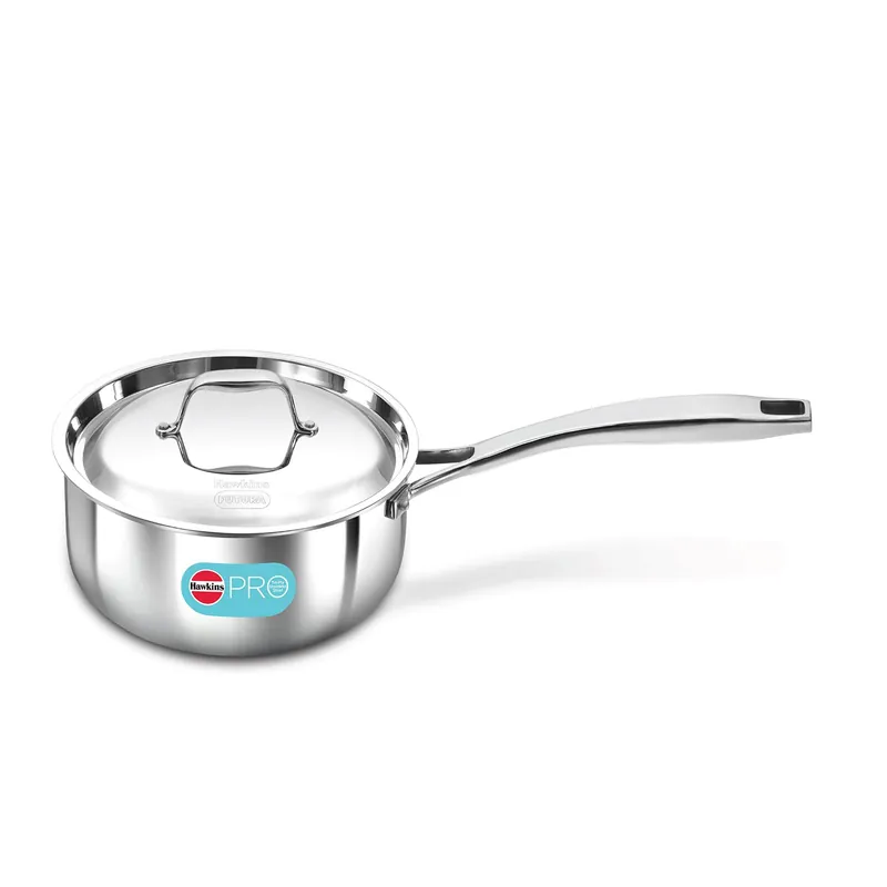 Hawkins Pro 2.5 litre triply stainless steel sauce pan with lid PSSP25S, used as a milk boiler